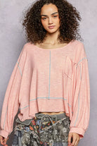 POL Blush Pink Round Neck Long Sleeve Exposed Seam Top with Chest Pocket BLUSH PINK