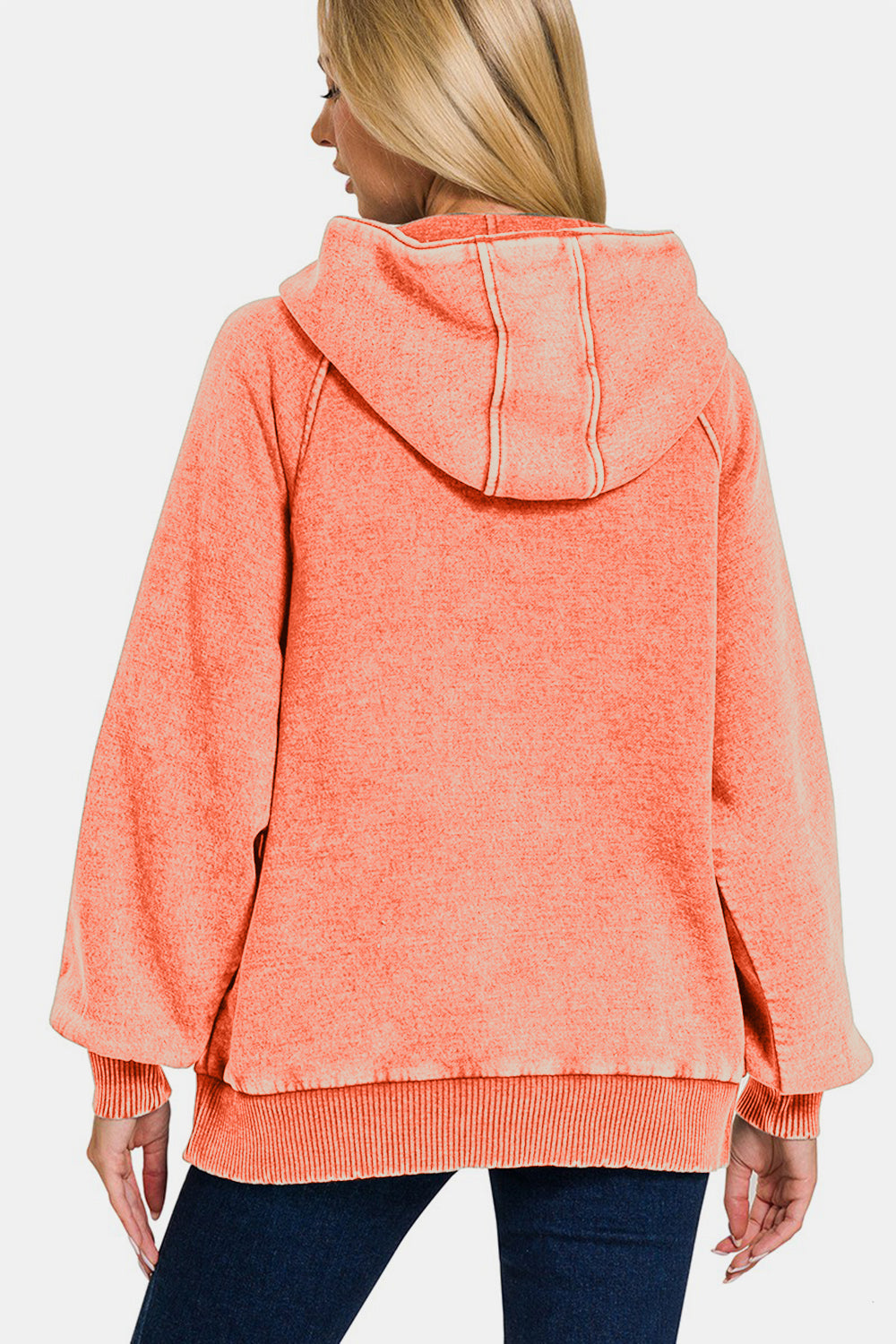 Zenana Coral Acid Wash Fleece Kangaroo Hoodie Shirts & Tops