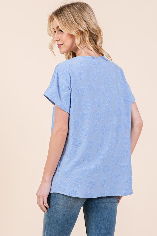 BOMBOM Light Blue Textured Floral Pattern Short Sleeve T-Shirt
