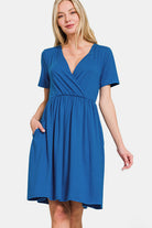 Zenana Classic Blue Surplice Short Sleeve Brushed DTY Dress Classic Blue Dresses