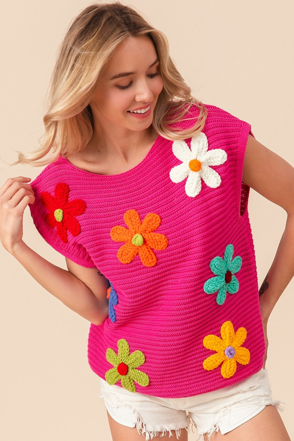 BiBi Fuchsia Flower Round Neck Cap Sleeve Knit Top Trendsi