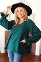 Haptics Hello Beautiful Hunter Green Smocked Bubble Sleeve Woven Top 3X Haptics