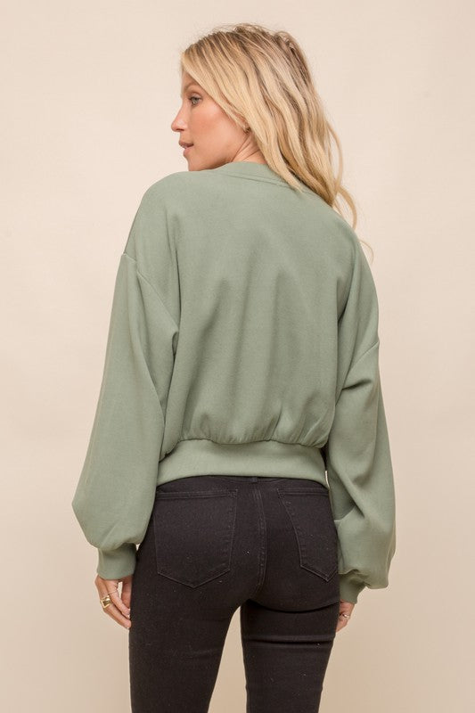 Hem & Thread Green V-Neck Button Down Puff Sleeve Cropped Cardigan Cardigan