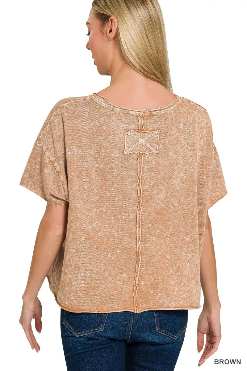 Zenana Brown Halo Washed Cotton Short Sleeve Top