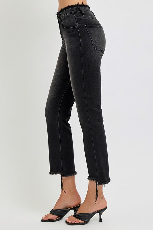 RISEN Black Raw Hem Cropped Flare Jeans