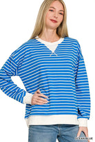 Zenana Ocean Blue Contrast Striped Round Neck Sweatshirt