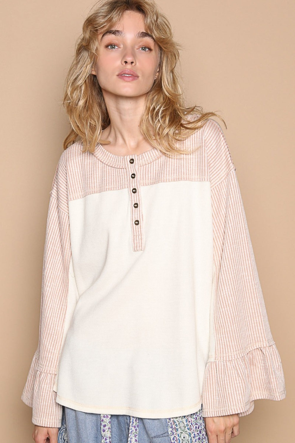 POL Striped Flounce Sleeve Exposed Seam Top Cream Pink Trendsi