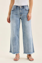 Judy Blue Mary Mid Rise Ankle Wide Leg + Hollywood WB + Fray Hem Womens