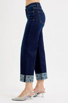 RISEN Mid Rise Fit Crop Wide With Heart Printed Cuff Jeans