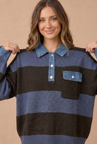 Haptics Blueberry Fields Striped Denim Collar Sweater in Brown & Slate Blue
