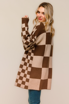 Haptics Brown & Taupe Checkerboard Color Block Cardigan Sweater