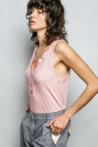 POL Rose Pink Ribbed V-Neck Tank with Contrast Floral Neckband