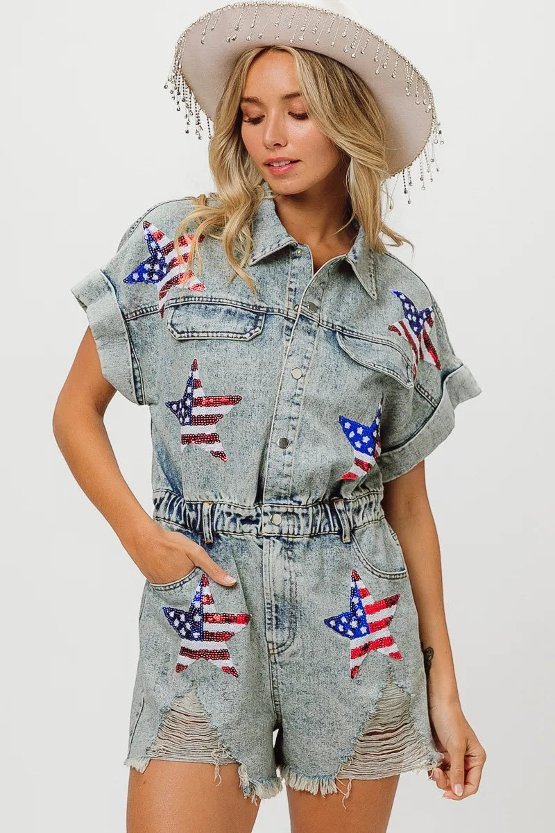 BiBi American Flag Washed Denim Romper