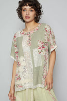 POL Ssge Lace Round Neck Short Sleeve Floral Pattern Top with Patch Detail Sage
