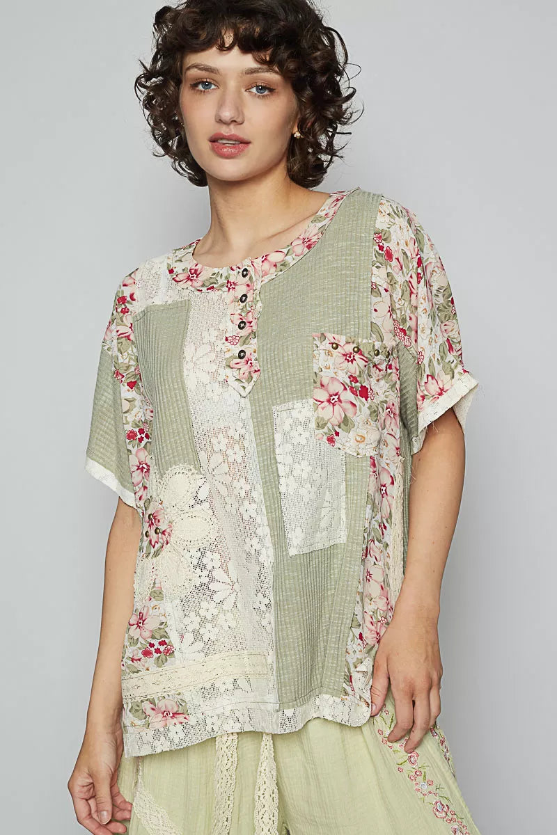 POL Ssge Lace Round Neck Short Sleeve Floral Pattern Top with Patch Detail Sage
