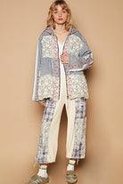 POL Embroidered Lace Patch Zip Up Hooded Jacket in Denim Multi Coats & Jackets