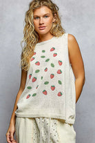POL Natural Strawberry Pattern Round Neck Sleeveless Sweater Top NATURAL