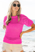 BiBi Fuchsia Crochet Lace Top With Puff Sleeves FUCHSIA