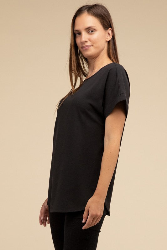 Zenana Woven Heavy Dobby Rolled Sleeve Boat Neck Top ZENANA