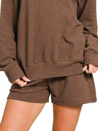 Zenana Brown Slub Long Sleeve Top and Shorts Set
