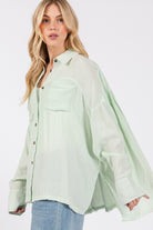 SAGE + FIG Cardiff Mint Oversized Frayed Hem Side Slit Button Down Shirt