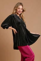 Umgee Black Beaded Frill Flounce Sleeve Velvet Babydoll Blouse Shirts & Tops