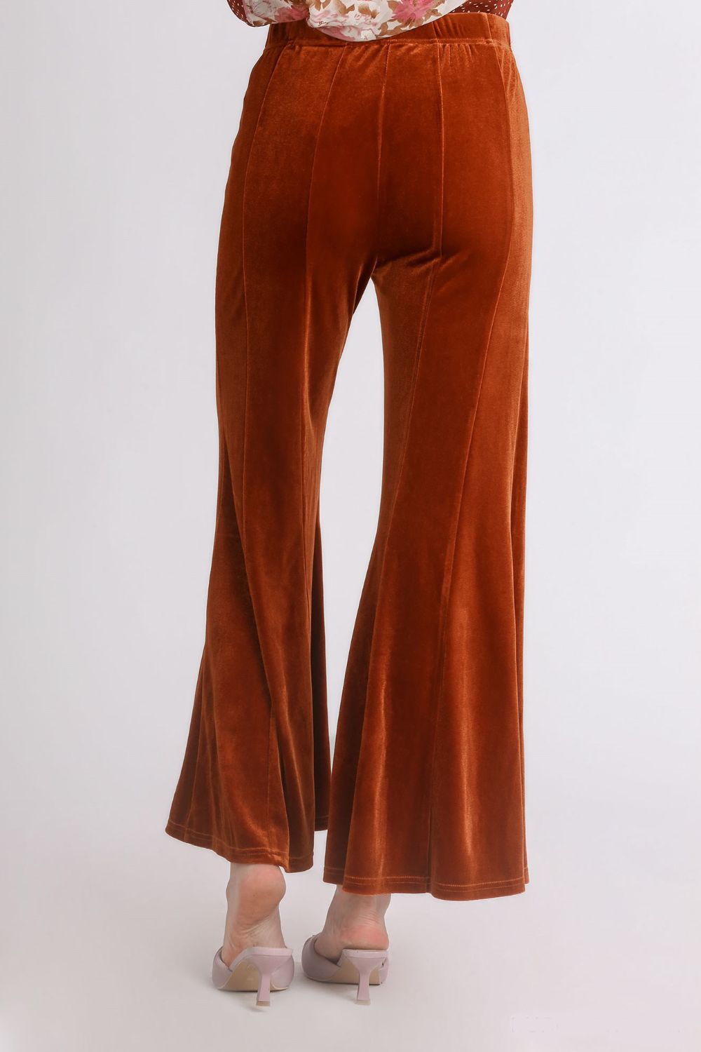 Umgee Terracotta Velvet High Rise Elastic Waist Flare Pants Pants