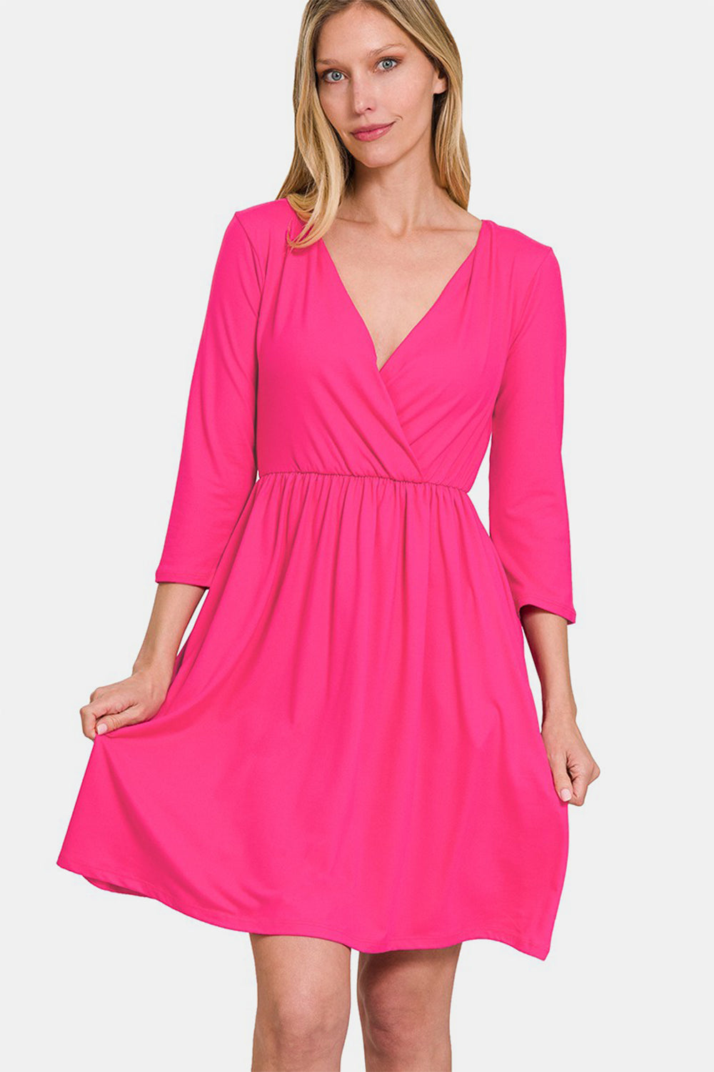 Zenana Three-Quarter Sleeve Surplice Dress with Pockets Hot Pink Trendsi