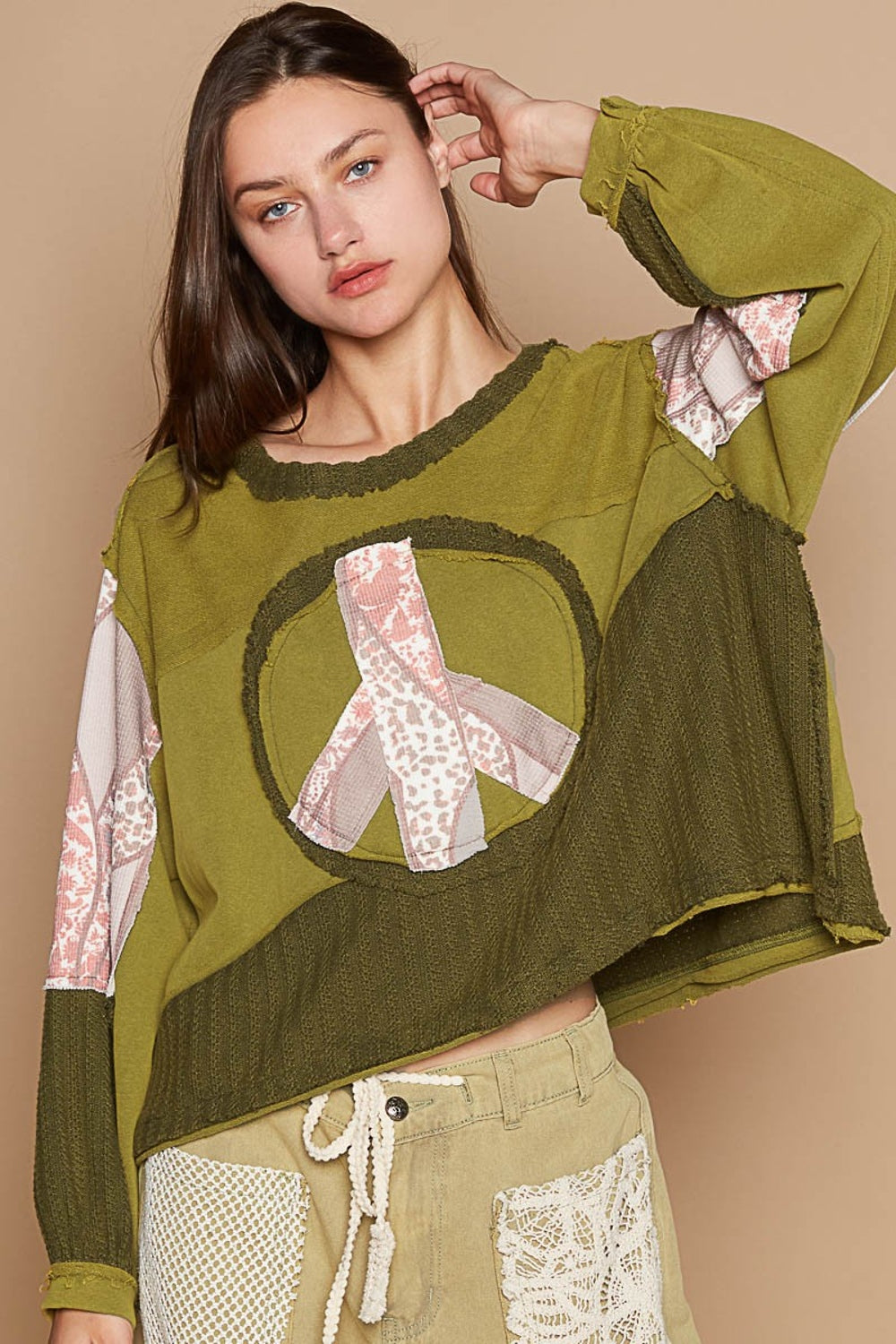 POL Olive Green Long Sleeve Cut Sewn Peace Emblem Top Greenery Trendsi