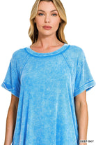 Zenana Deep Sky Washed Ribbed Cuffed Short Sleeve Round Neck Top