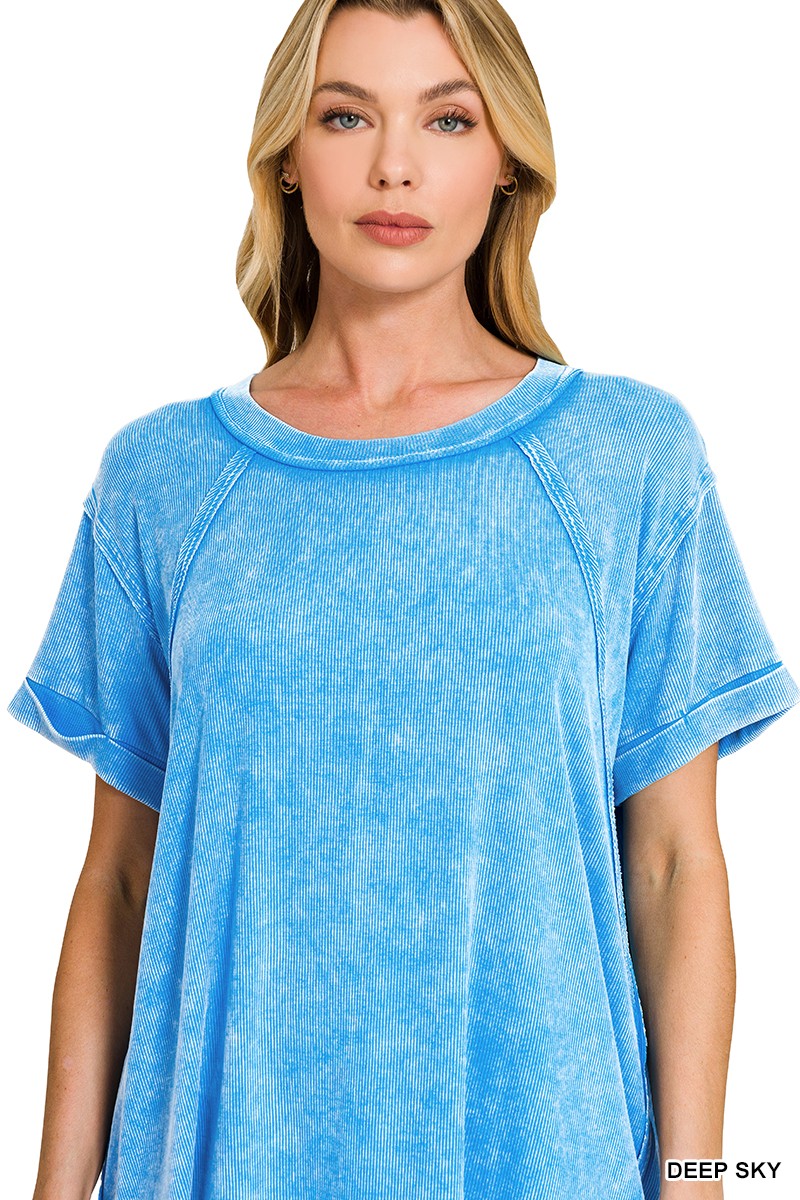 Zenana Deep Sky Washed Ribbed Cuffed Short Sleeve Round Neck Top