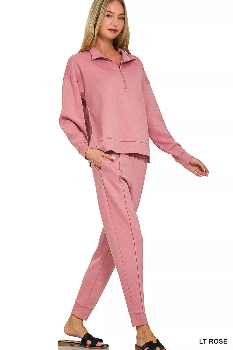 Zenana Light Rose Scuba Half Zip Pullover and Jogger Set