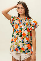 BiBi Cream & Multi Color Floral Print Woven Ruffle Sleeve Blouse