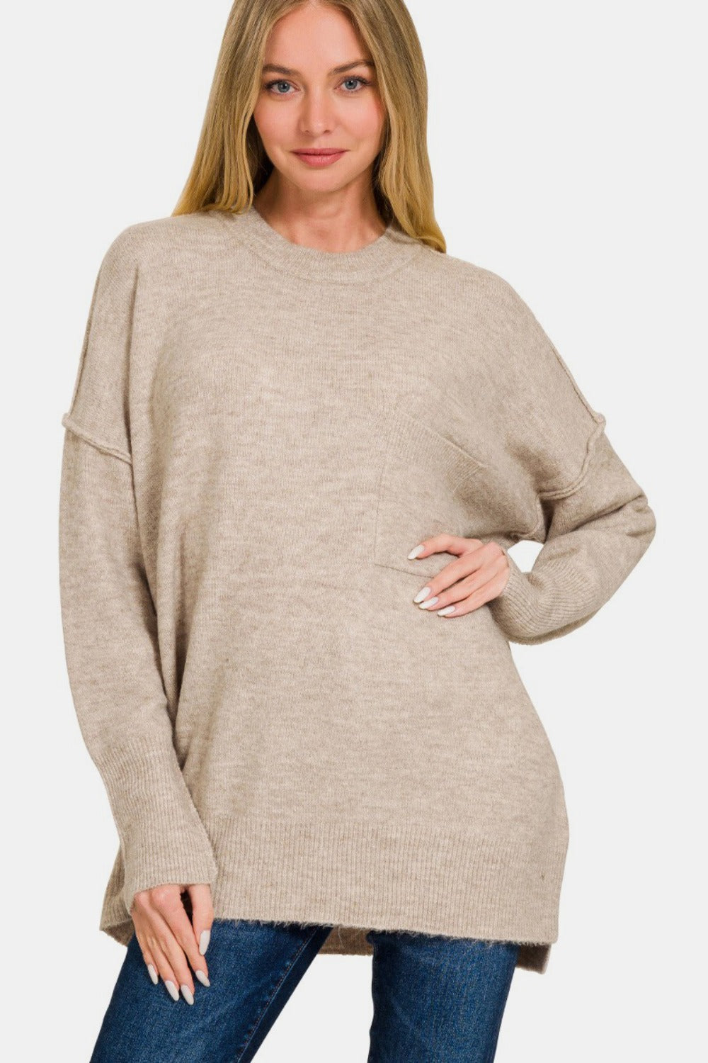 Zenana Heather Mocha High-Low Hem Drop Shoulder Sweater H Mocha Trendsi