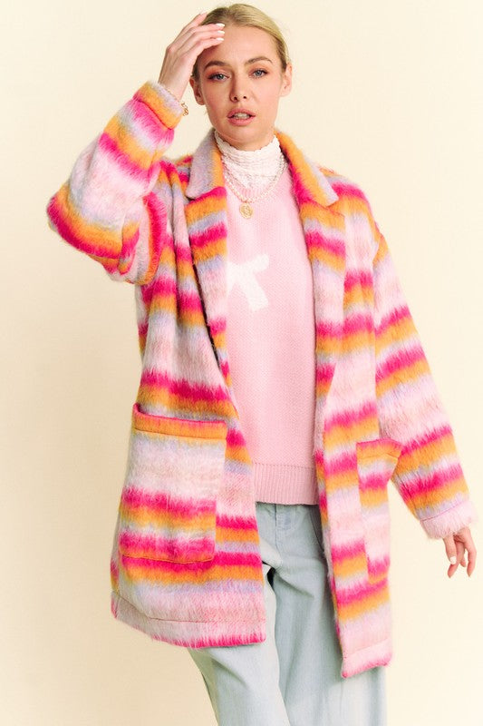 Davi & Dani Fuzzy Pink & Orange Contrast Striped Open Front Coat Coats & Jackets