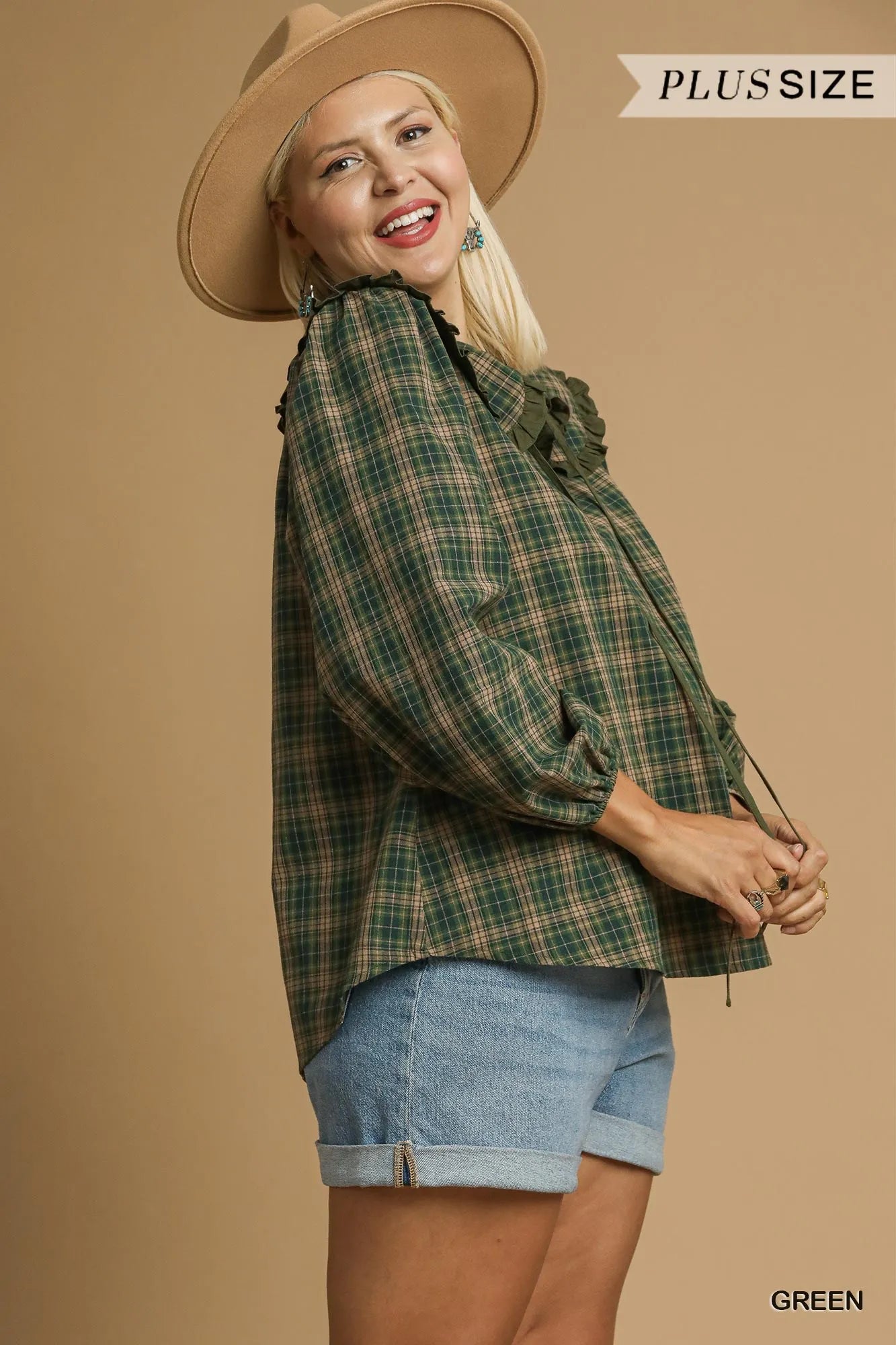 Umgee Green Plaid Ruffle Collar Blouse
