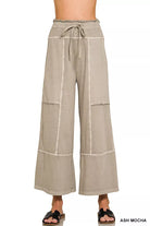Zenana Ash Mocha French Terry Washed Exposed-seam Wide Leg Pants ASH MOCHA