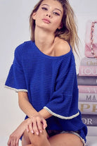 BiBi Royal Blue Popcorn Waffle Knit Top with Pompom Lace