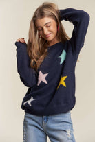 ADORA Dark Navy Stars Pattern Round Neck Drop Shoulder Sweater