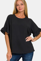 Zenana Black V-Neck Flutter Sleeve Airflow Top Black Trendsi