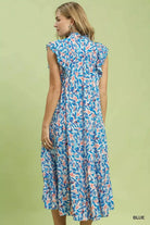 Umgee Blue Leaf Print Midi Tiered Dress with Side Pockets