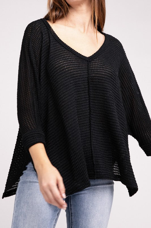Zenana 3/4 Sleeve V-Neck Hi-Low Hem Jacquard Sweater BLACK ZENANA