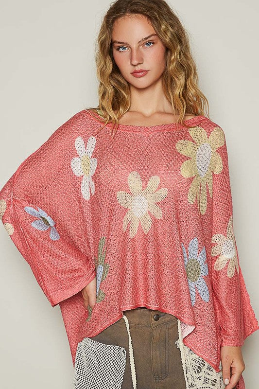 POL Burnt Coral Flower Dropped Shoulder Long Sleeve Knit Top Shirts & Tops