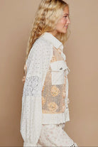 POL Eyelet Flower Pearl Detail Lace Patchwork Shirt in Apricot and Cream Shirts