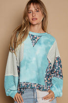 POL Teal Floral Patchwork Round Neck Knit Top Teal Shirts & Tops