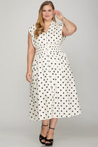 She + Sky Off White Front Zip Polka Dots Cap Sleeve Midi Dress