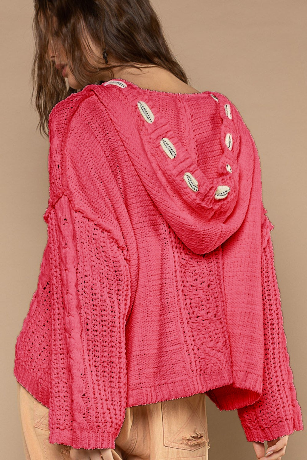 POL Fuchsia Cable Knit Hooded Chenille Oversized Sweater Trendsi