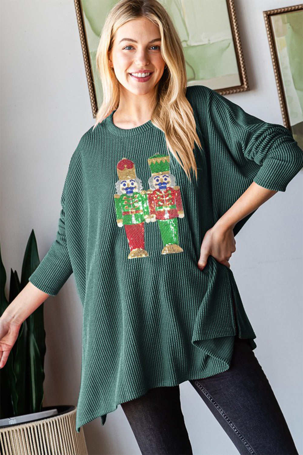 Heimish Hunter Green Sequin Nutcracker Long Sleeve Ribbed Top Hunter Green Trendsi