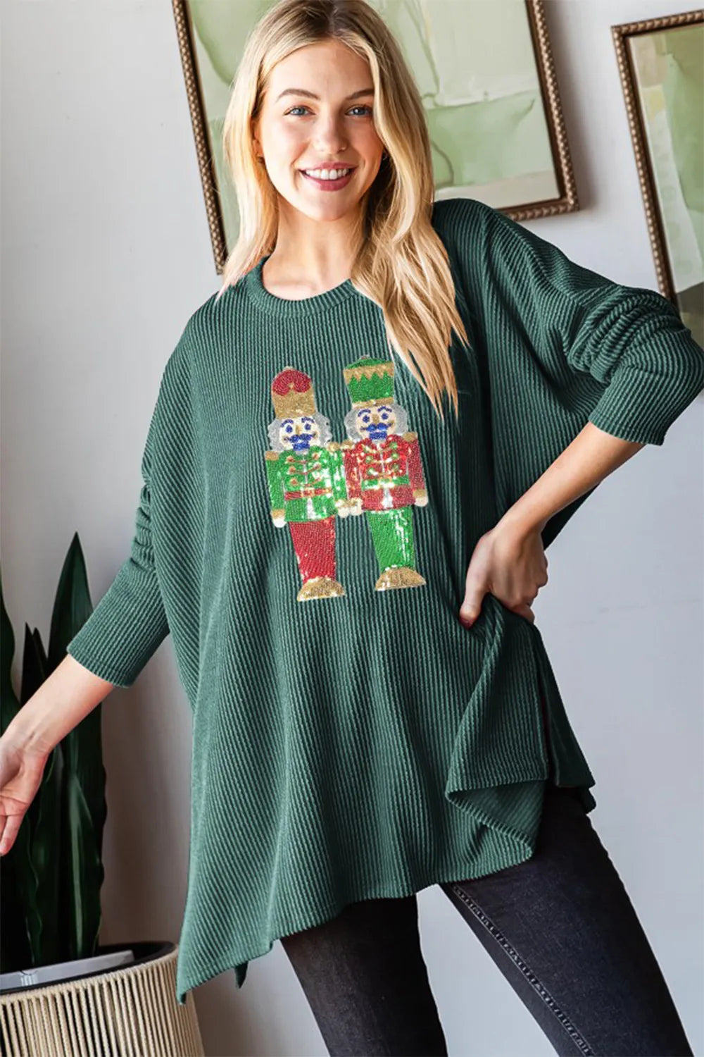 Heimish Hunter Green Sequin Nutcracker Long Sleeve Ribbed Top Hunter Green