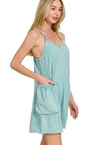 Zenana Dusty Teal Acid Crinkle Washed Spaghetti Strap Romper